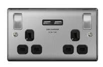 BG 13a 2 Gang Switch Socket & USB - Brushed Steel With Black Inserts
