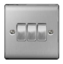BG Brushed Steel 10ax Plate Switch 2 Way - 3 Gang