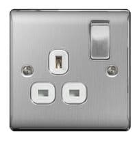 NEXUS Brushed Steel Switched Socket 13a White Inset - 1 Gang