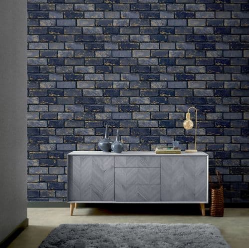 Arthouse Industrial Metallic Brick Blue 692200 Wallpaper