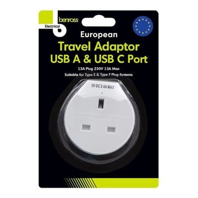 Benross 1 Way European Travel Adaptor - 1 x USB-A and 1 x USB-C