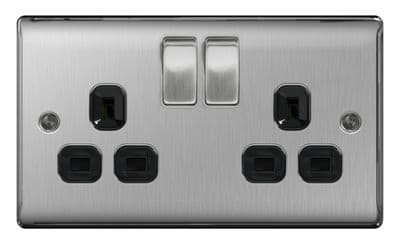 BG 13a 2 Gang Switch Socket - Brushed Steel With Black Inserts