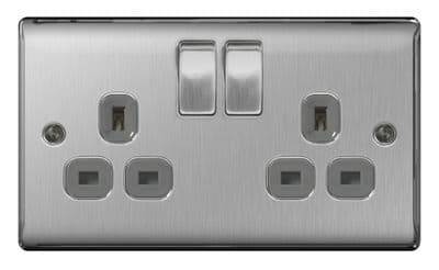 BG 13a 2 Gang Switch Socket - Brushed Steel With Grey Inserts
