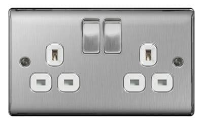 BG 13a 2 Gang Switch Socket - Brushed Steel With White Inserts