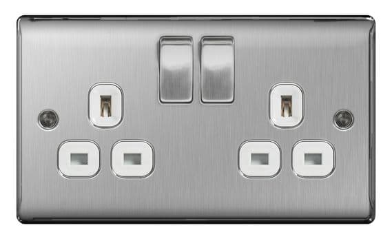 BG 13a 2 Gang Switch Socket - Brushed Steel With White Inserts
