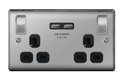 BG 13a 2 Gang Switch Socket & USB - Brushed Steel With Black Inserts