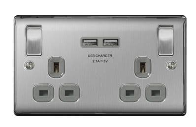 BG 13a 2 Gang Switch Socket & USB - Brushed Steel With Grey Inserts