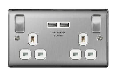 BG 13a 2 Gang Switch Socket & USB - Brushed Steel With White Inserts