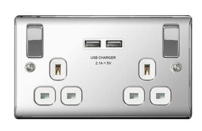 BG 13a 2 Gang Switch Socket & USB - Polished Chrome With White Inserts