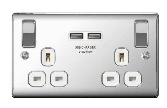 BG 13a 2 Gang Switch Socket & USB - Polished Chrome With White Inserts