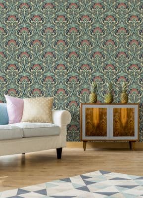 Crown Flora Nouveau Peacock Green M1196 Wallpaper