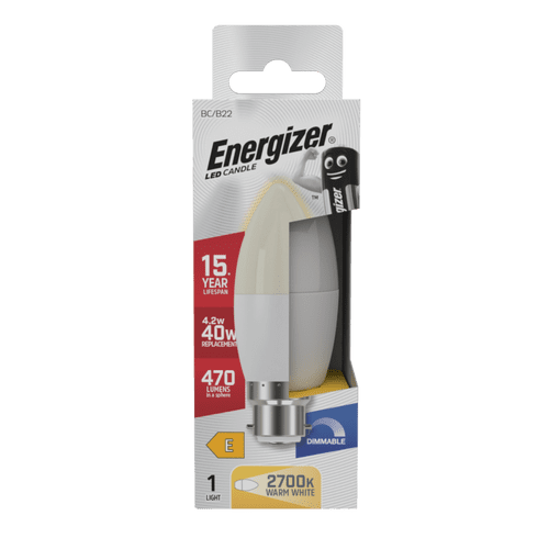 Energizer LED Candle 470lm Opal B22 Dimmable - 4.2w