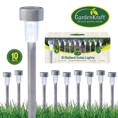 GardenKraft Stainless Steel Bollard Solar Lights - White Pack 10