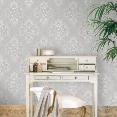 Grandeco Silver Fabric Damask A10904 Wallpaper