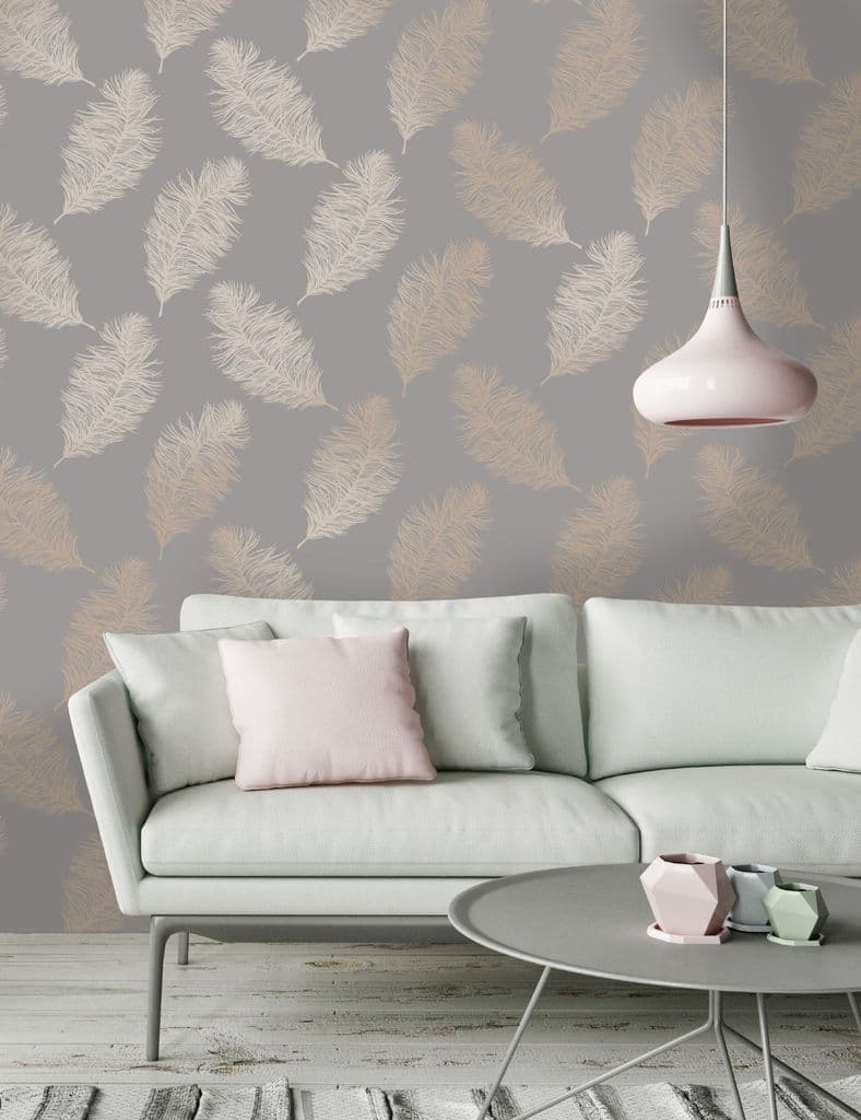 Holden Decor Fawning Feather Grey/Rose Gold 12629 Wallpaper