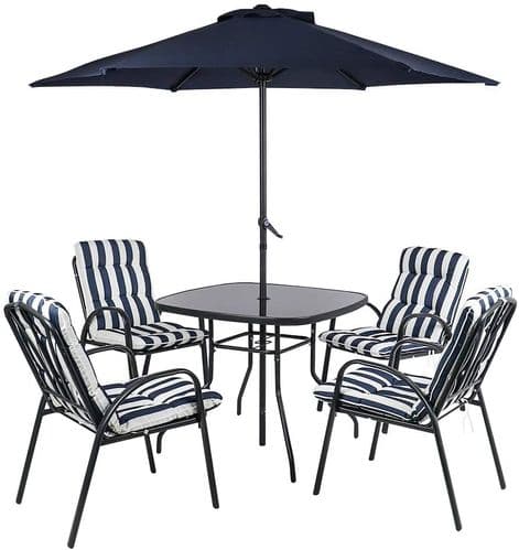 Kingfisher 4 Seater Garden Furniture Dining Set  With Blue/ White Stripe Padded Cushions & Parasol