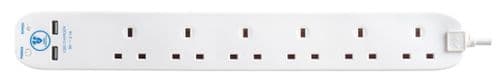 Masterplug 6 Gang Surge Extension Lead With 2 USBs - 2m