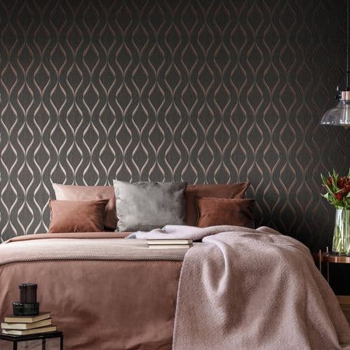 Muriva Indra Wave Charcoal & Rose Gold 154114 Wallpaper