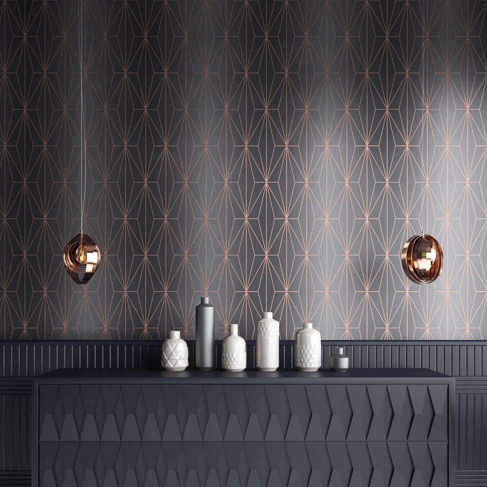 Muriva Kayla Luxury Geometric Charcoal & Rose Gold 703015 Wallpaper