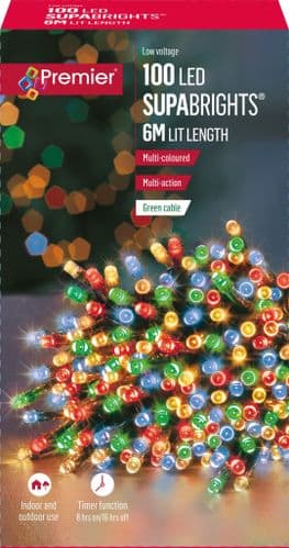 Premier - 100 LED Multi Action SupaBrights Christmas Lights - Multi Coloured