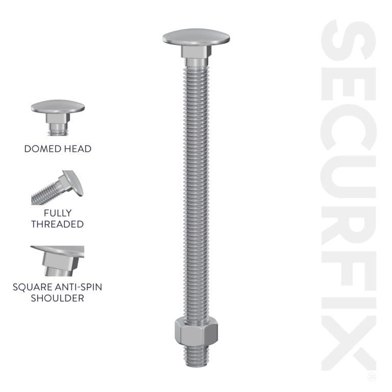 Securfix Carriage Bolts With Hex Nuts M10 x 5 15/16"M10 x 150mm Pack of 50