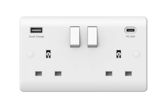 Securlec 2 Gang Switched Socket Double Pole With USB A C - Round Edge
