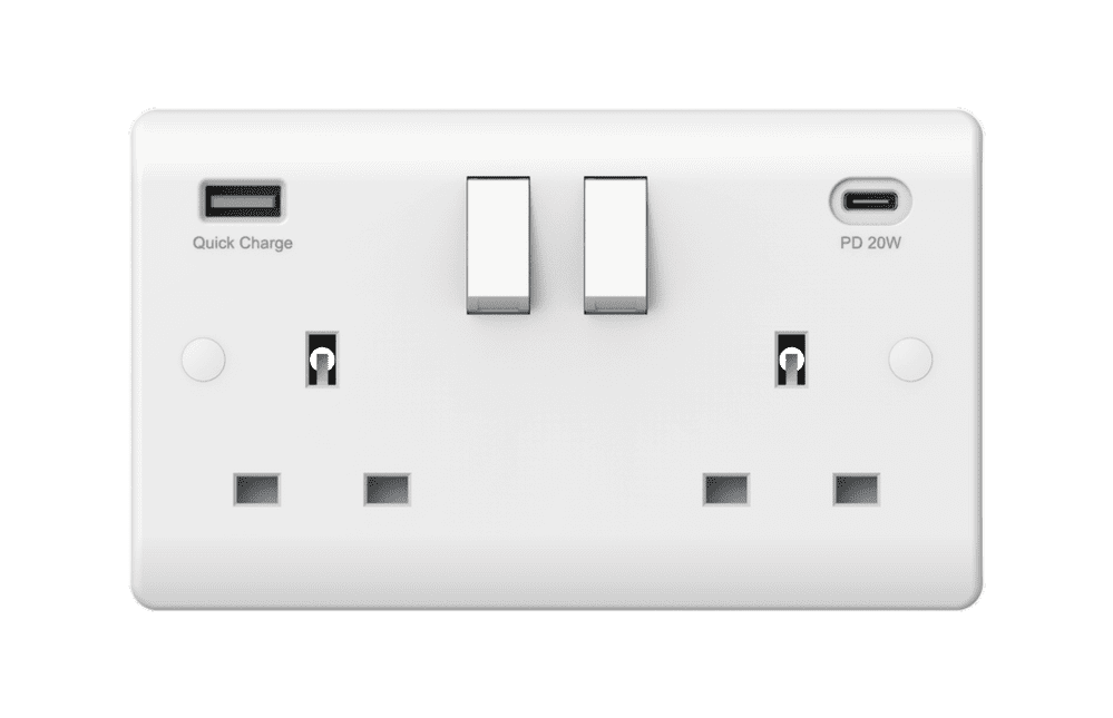Securlec 2 Gang Switched Socket Double Pole With USB A C - Round Edge