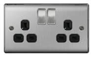 BG 13a 2 Gang Switch Socket - Brushed Steel With Black Inserts