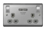 BG 13a 2 Gang Switch Socket & USB - Brushed Steel With Grey Inserts