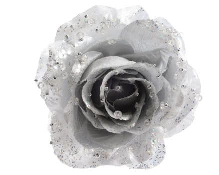 Deco Clip On Rose With Glitter - 14 x 8.5 Silver