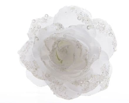 Deco Clip On Rose With Glitter - 14 x 8.5 Winter White