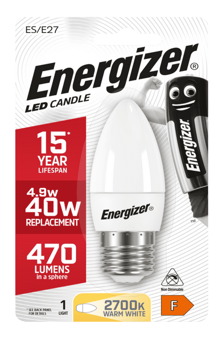 Energizer E27 Warm White Blister Pack Candle - 5.2w 470lm