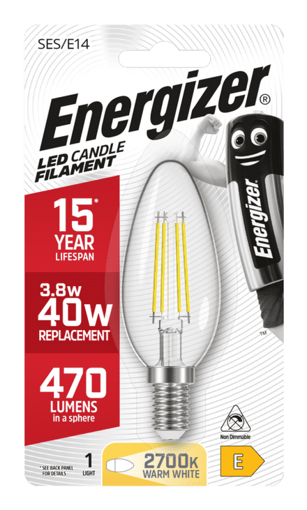 Energizer Filament LED Candle Bulb 470lm E14 Warm White SES - 4w 470lm